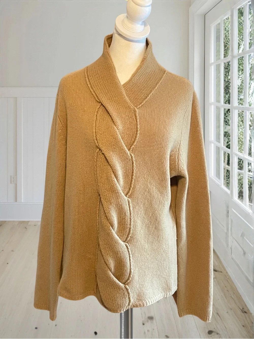 MADISON STUDIO Women's XL Tan 100% Cashmere Shawl Collar Cable Knit Sweater Top - Picture 2 of 15